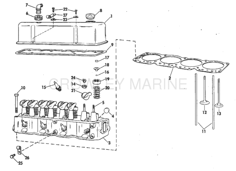 Head And Rocker Arm Group 140 Hp Stern Drive