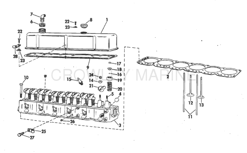 Head And Rocker Arm Group 165 Hp Stern Drive