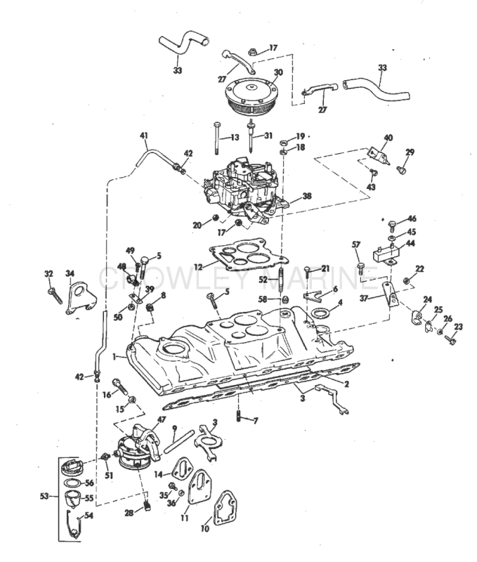 Intake Manifold, Fuel Pump And Carburetor Lines 225 & 245 Hp