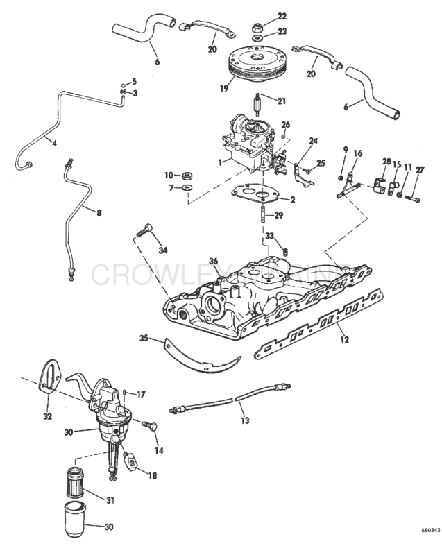 Intake Manifold, Fuel Pump And Carburetor Lines